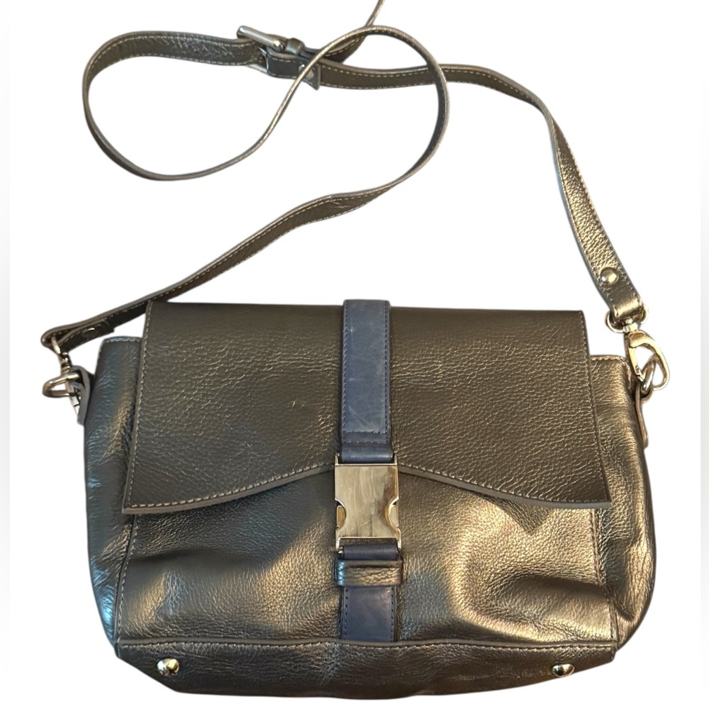 Elegant Alberta Di Canio Silver Metalic & Blue Leather Purse Clutch  Bag Italy